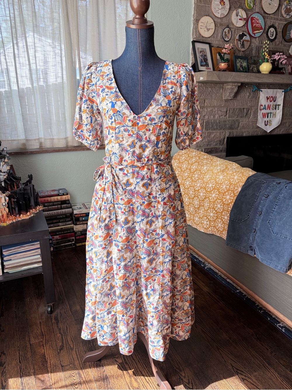 Boden Floral V-Neck Midi Dress - White with Blue & Orange Print